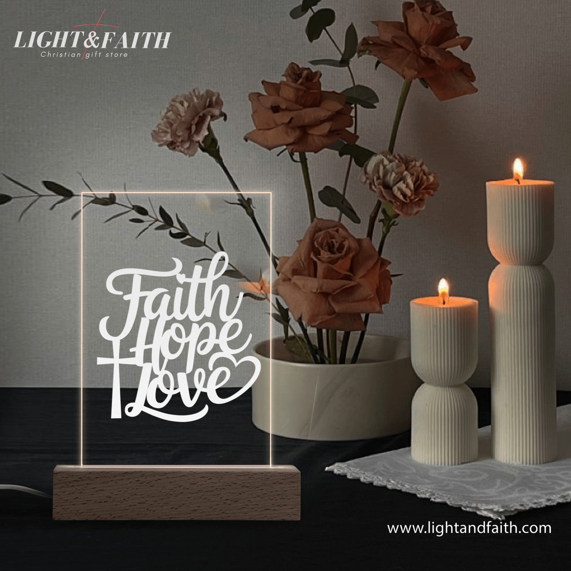 Faith, Hope, Love LED Light, Christian Bible Verse Lamp, Christian Home Decor, Faith Based Decor, Religious LED Light.  NLLAF24